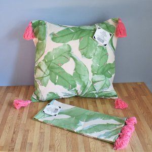 Palm Leaf Pillow & Hand Towel with Pink Tassels